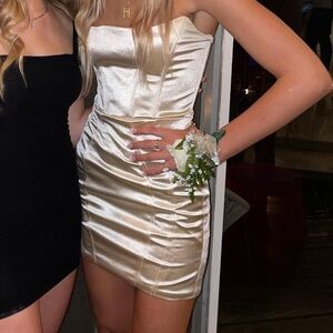 OH POLLY KEEP IT SLEEK STRAPLESS BUSTIER SATIN DRESS